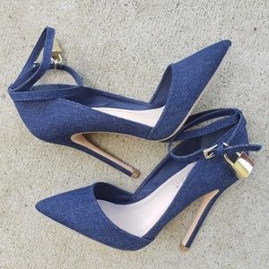 SHOEDAZZLE Denim Pointed Toe Heels with Lock, 5.5